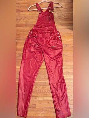 chic Red Faux-Leather Bib Overalls Jumpsuit